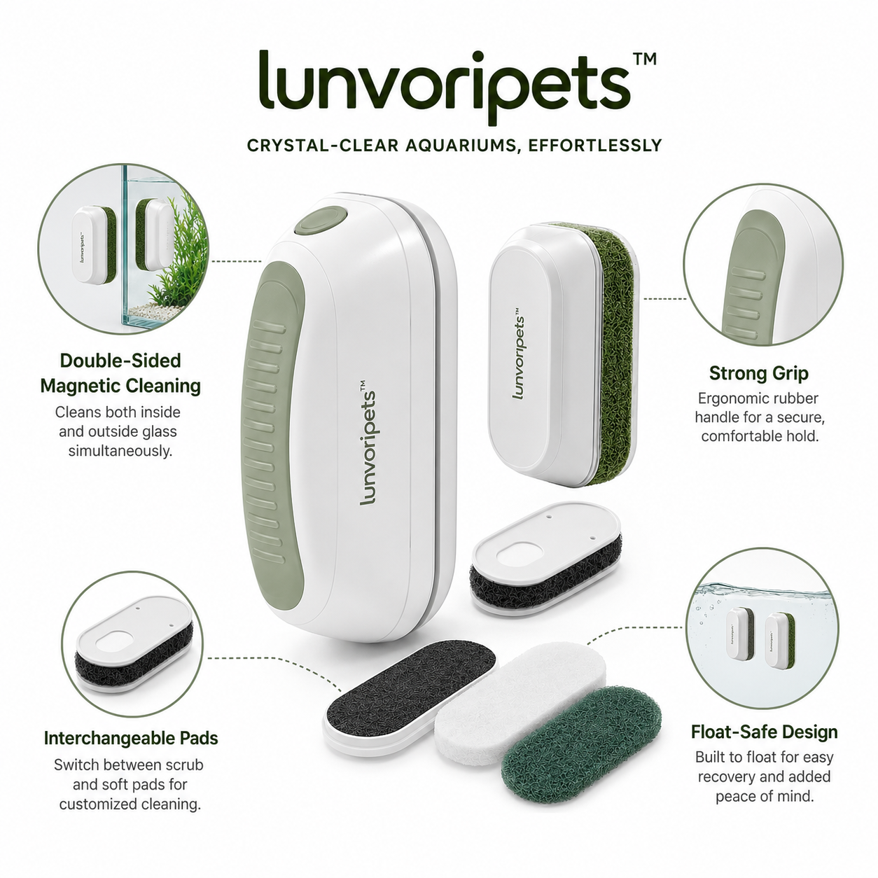 Nolverapets™ Double-Sided Magnetic Aquarium Glass Cleaner with Interchangeable Pads