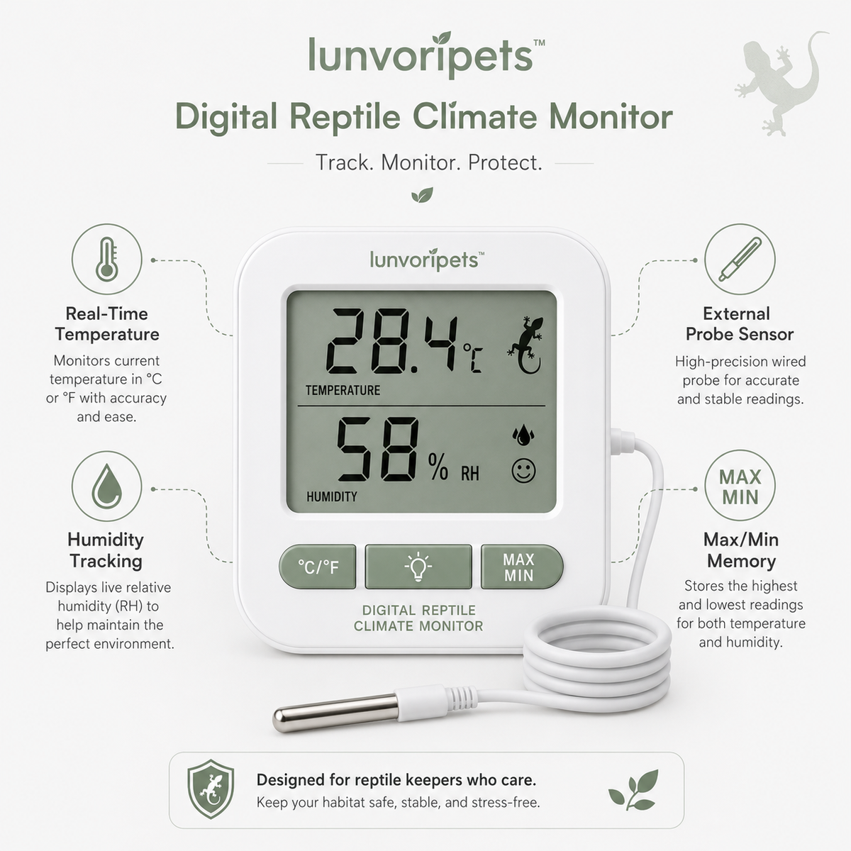Nolverapets™ Digital Reptile Climate Monitor with Temperature, Humidity & External Probe