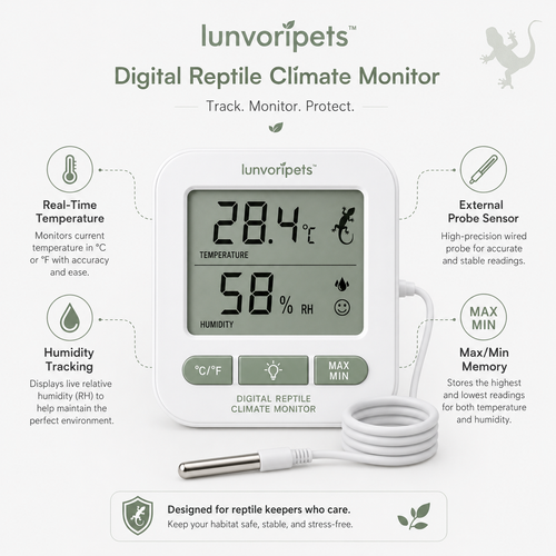 Nolverapets™ Digital Reptile Climate Monitor with Temperature, Humidity & External Probe