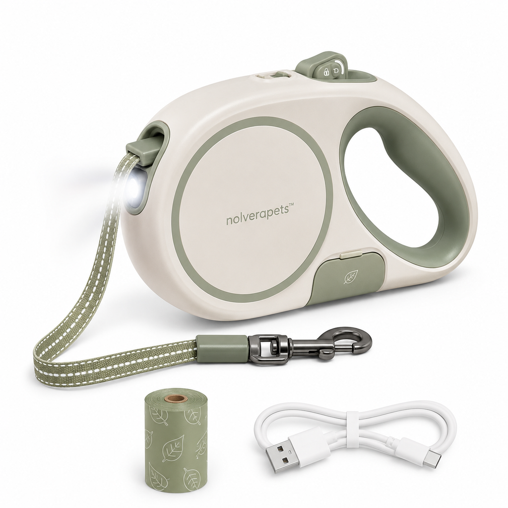 Nolverapets™ GlowTrail Smart LED Retractable Dog Leash with 5m Reflective Tape, One-Button Lock & Waste Bag Holder