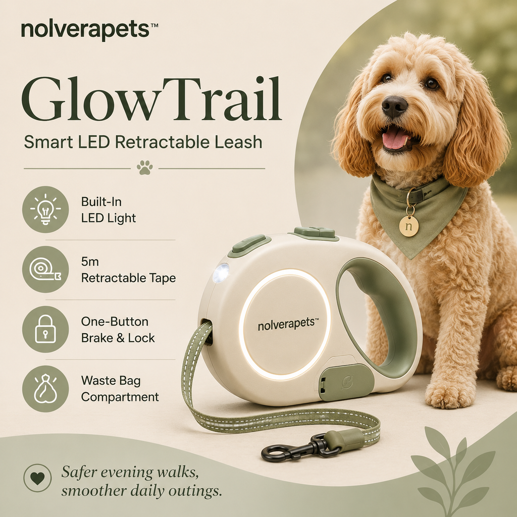 Nolverapets™ GlowTrail Smart LED Retractable Dog Leash with 5m Reflective Tape, One-Button Lock & Waste Bag Holder
