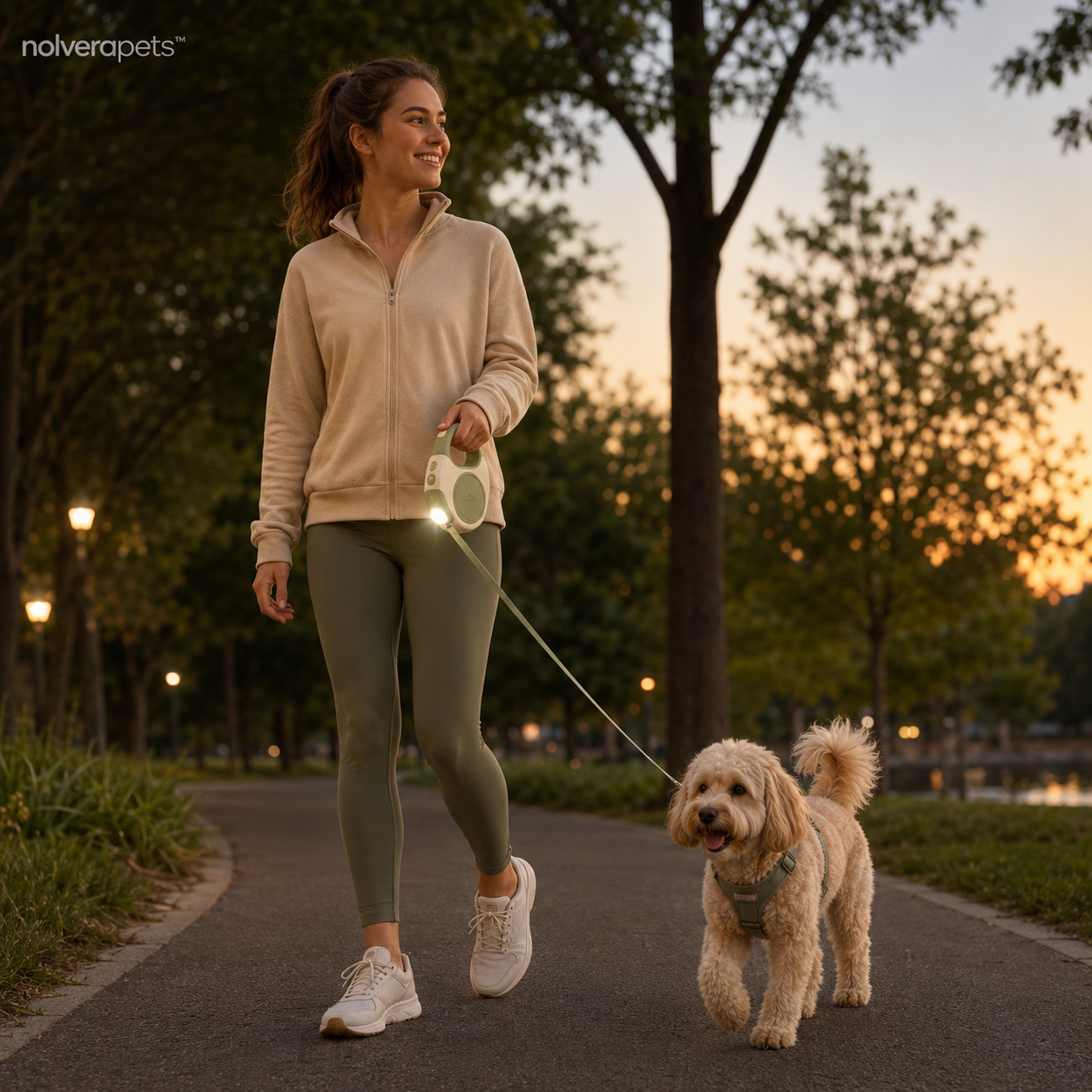 Nolverapets™ GlowTrail Smart LED Retractable Dog Leash with 5m Reflective Tape, One-Button Lock & Waste Bag Holder