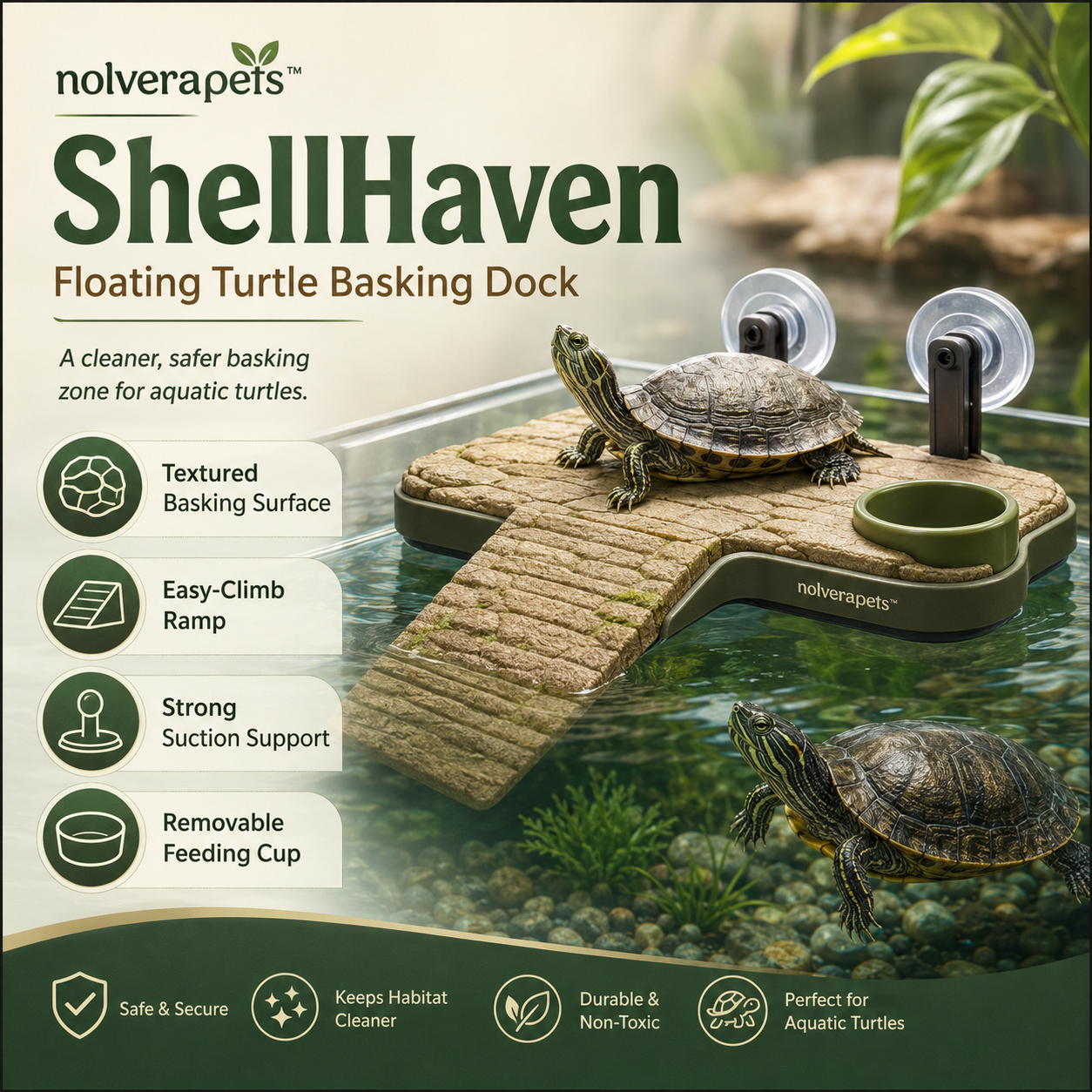 Nolverapets™ ShellHaven Adjustable Turtle Basking Dock with Textured Ramp, Strong Suction Mounts & Removable Feeding Cup