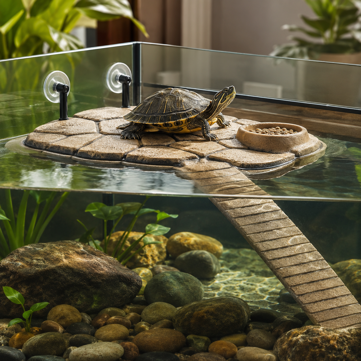 Nolverapets™ ShellHaven Adjustable Turtle Basking Dock with Textured Ramp, Strong Suction Mounts & Removable Feeding Cup