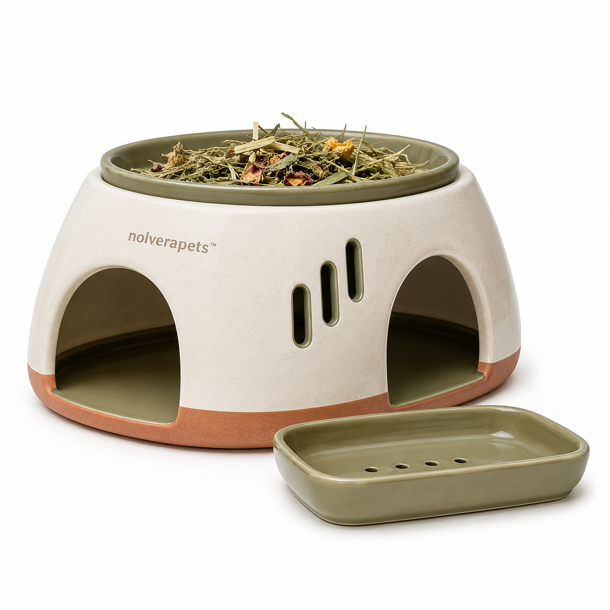 Nolverapets™ BreezeBurrow Cooling Ceramic Small Pet Hideout with Ventilation Openings, Removable Herb Tray & Feeding Dish