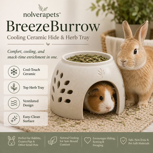 Nolverapets™ BreezeBurrow Cooling Ceramic Small Pet Hideout with Ventilation Openings, Removable Herb Tray & Feeding Dish