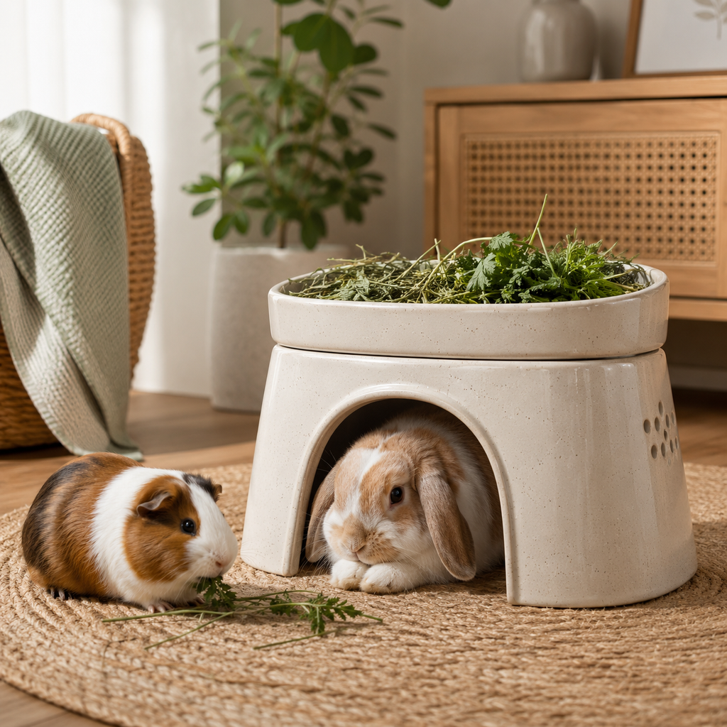 Nolverapets™ BreezeBurrow Cooling Ceramic Small Pet Hideout with Ventilation Openings, Removable Herb Tray & Feeding Dish