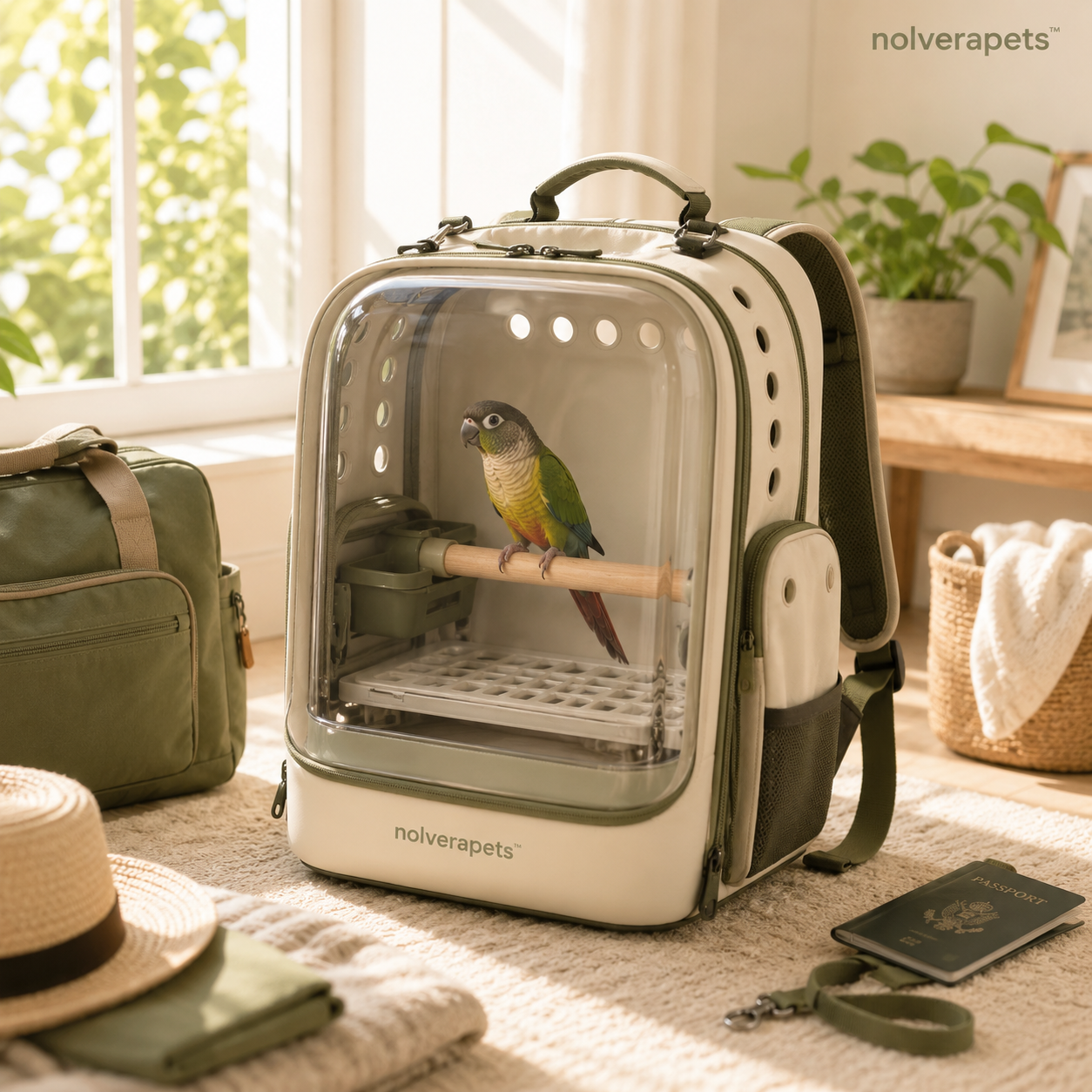 Nolverapets™ FeatherPort Panorama Bird Travel Backpack with Clear Front Window, Ventilated Mesh Panels, Wooden Perch and Pull-Out Cleaning Tray