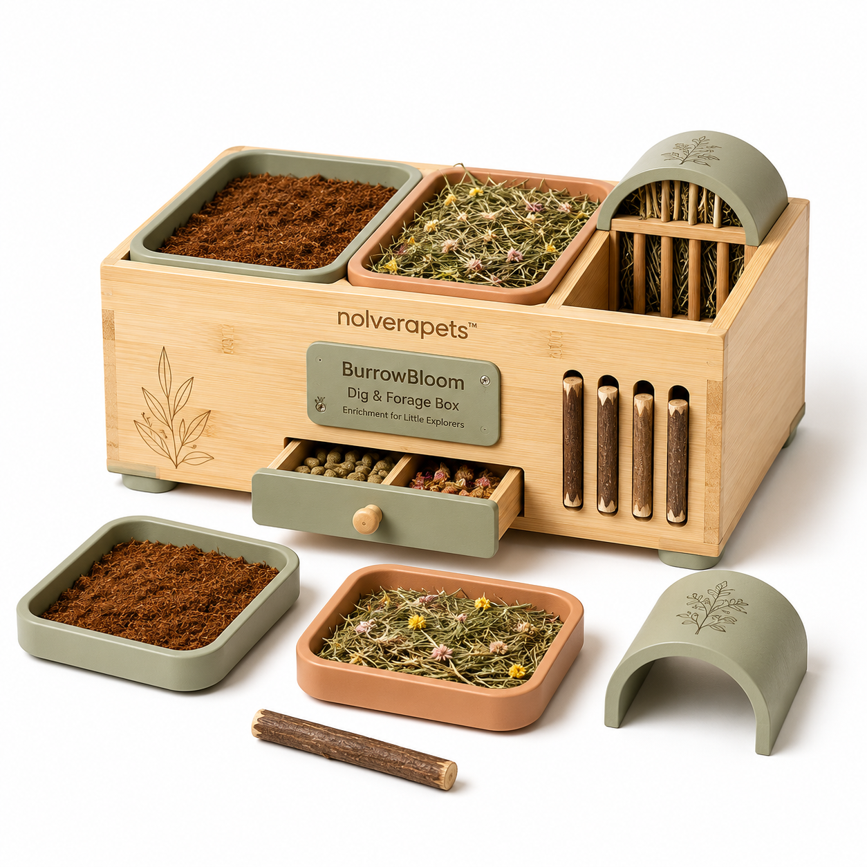 Nolverapets™ BurrowBloom Modular Dig & Forage Enrichment Box with Digging Trays, Hay Feeder Tunnel, Treat Drawer and Natural Chew Slots