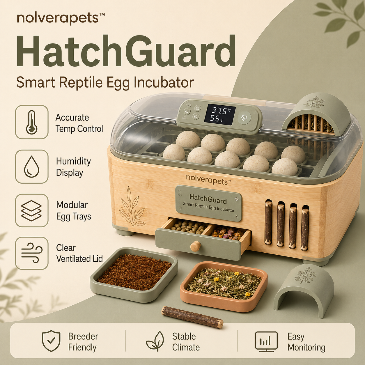 Nolverapets™ HatchGuard Smart Reptile Egg Incubator with Digital Temperature & Humidity Control, Modular Egg Trays and Clear Ventilated Lid