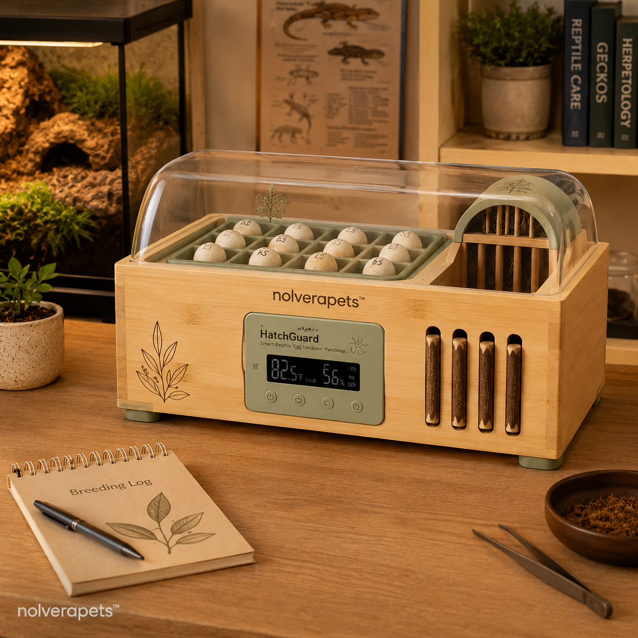 Nolverapets™ HatchGuard Smart Reptile Egg Incubator with Digital Temperature & Humidity Control, Modular Egg Trays and Clear Ventilated Lid