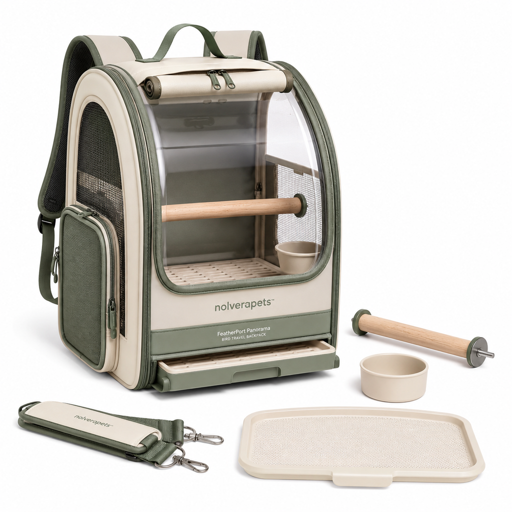 Nolverapets™ FeatherPort Panorama Bird Travel Backpack with Clear Front Window, Ventilated Mesh Panels, Wooden Perch and Pull-Out Cleaning Tray