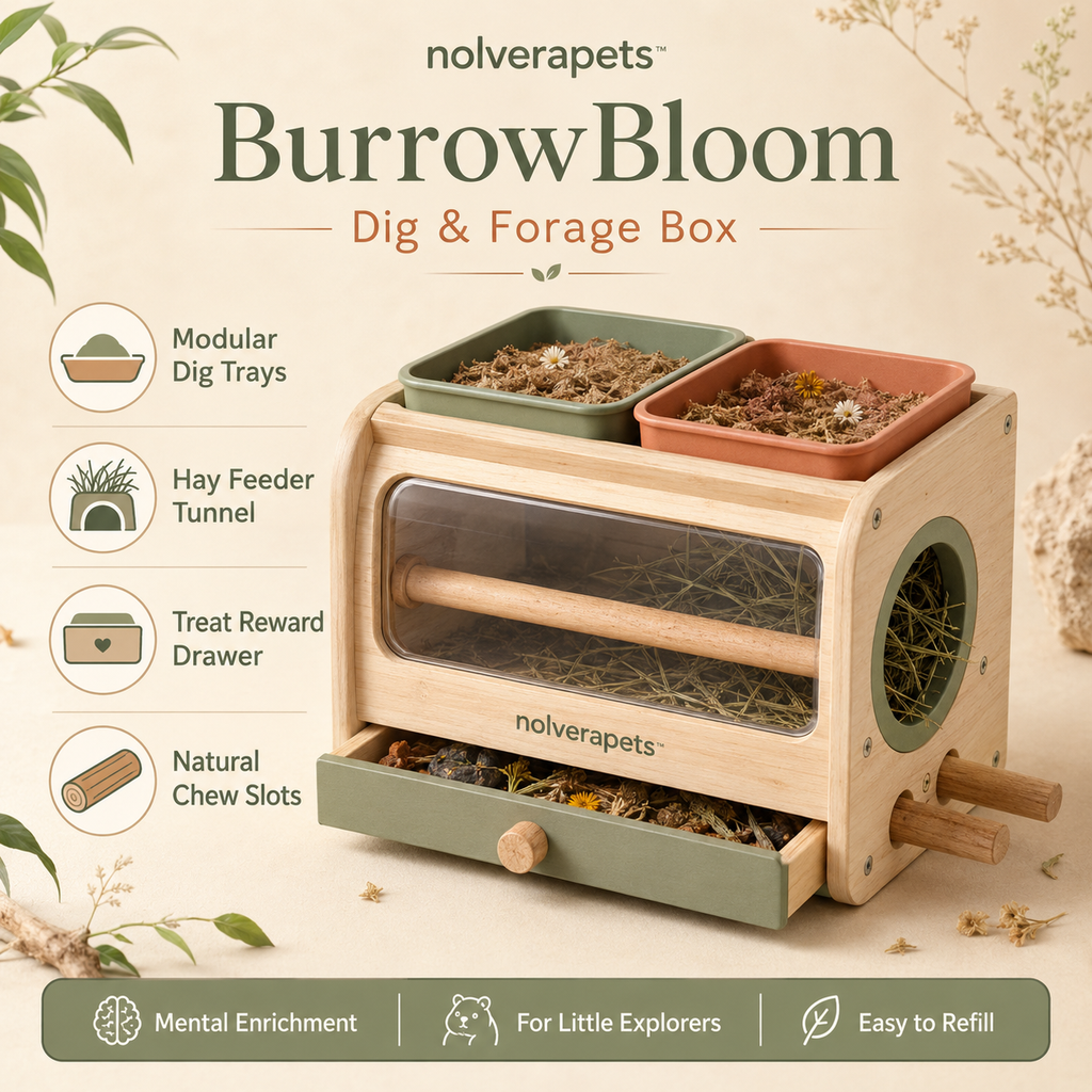 Nolverapets™ BurrowBloom Modular Dig & Forage Enrichment Box with Digging Trays, Hay Feeder Tunnel, Treat Drawer and Natural Chew Slots