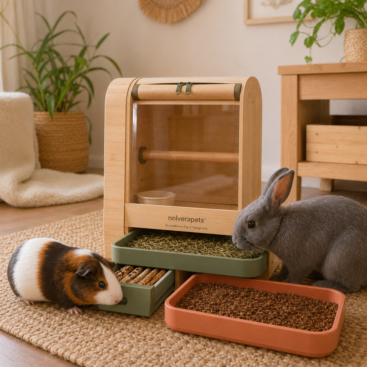 Nolverapets™ BurrowBloom Modular Dig & Forage Enrichment Box with Digging Trays, Hay Feeder Tunnel, Treat Drawer and Natural Chew Slots