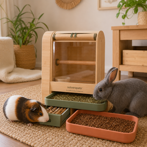 Nolverapets™ BurrowBloom Modular Dig & Forage Enrichment Box with Digging Trays, Hay Feeder Tunnel, Treat Drawer and Natural Chew Slots
