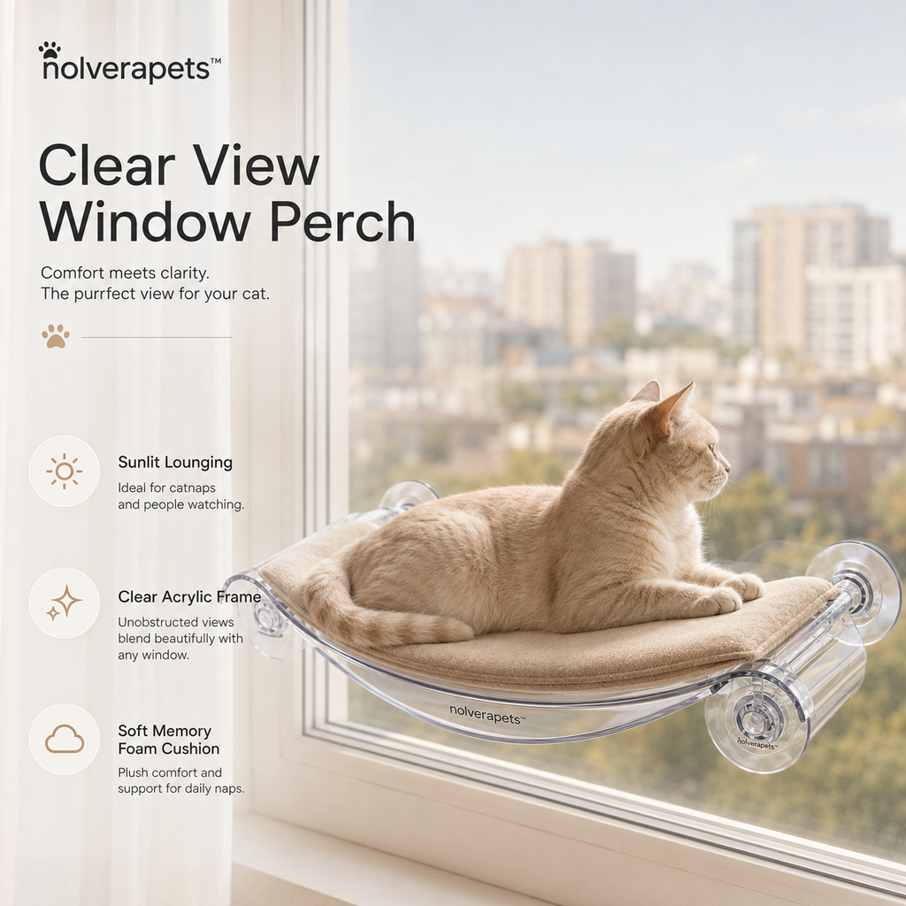 Nolverapets™ ClearView Acrylic Window Perch with Memory Foam Cushion Give your cat a comfortable front-row seat to the outside world with the Nolverapets™ ClearView Acrylic Window Perch.