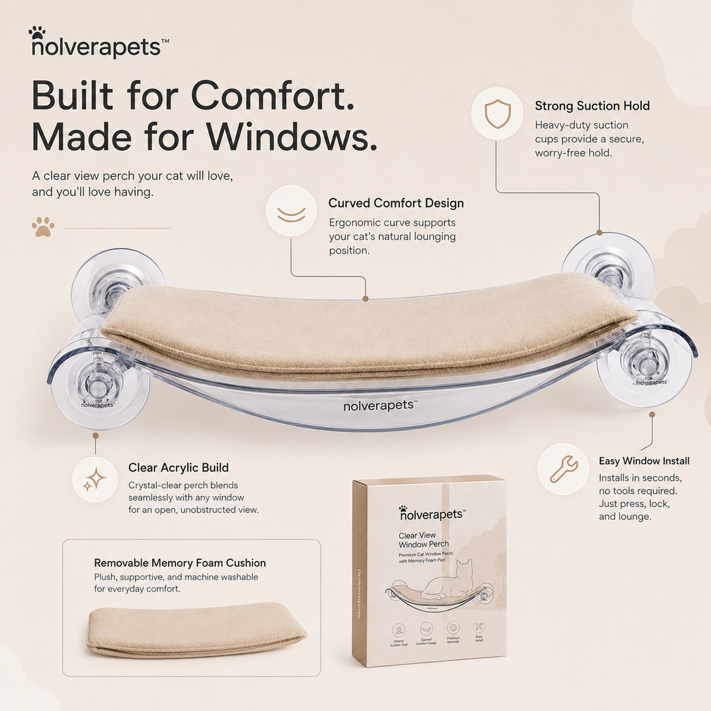Nolverapets™ ClearView Acrylic Window Perch with Memory Foam Cushion Give your cat a comfortable front-row seat to the outside world with the Nolverapets™ ClearView Acrylic Window Perch.